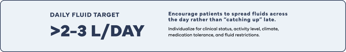 Graphic highlighting a daily fluid intake target of 2 to 3 liters per day, with guidance to spread fluid consumption throughout the day and adjust recommendations based on individual needs and health factors.