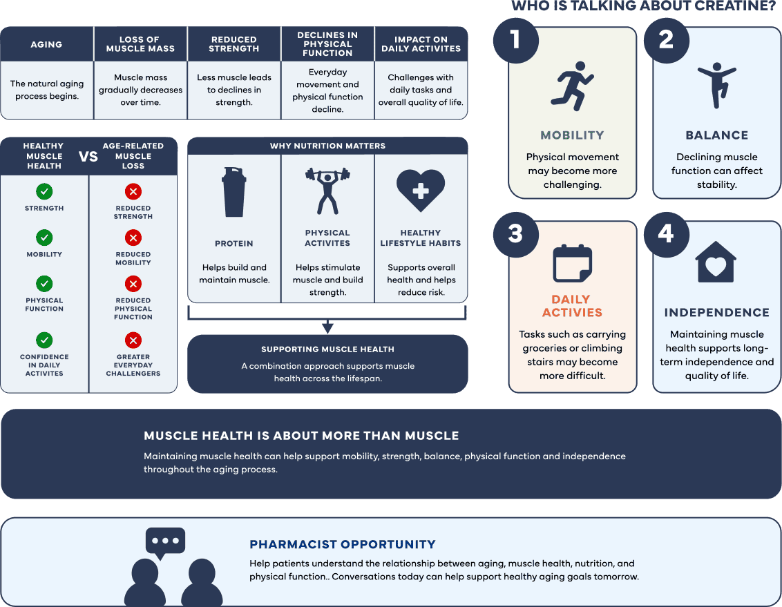 Infographic showing how aging can affect muscle mass, strength, mobility, balance, daily activities, and independence, and how nutrition, protein, physical activity, and healthy lifestyle habits help support muscle health and healthy aging.